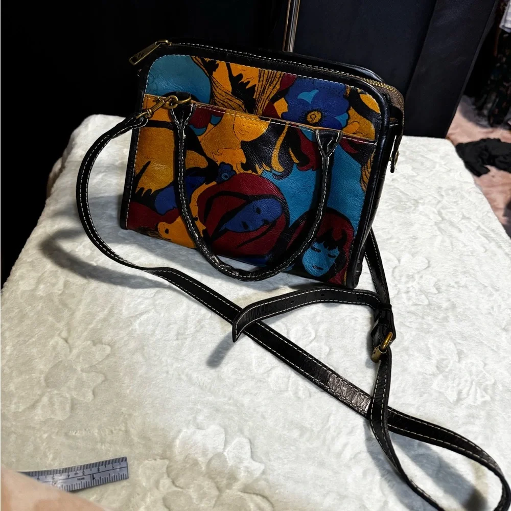 Patricia Nash leather top handle abstract faces crossbody bag